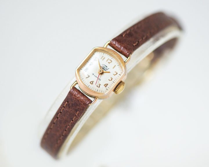 Dainty watch for women Dawn gold plated vintage gift, micro lady watch rectangular classic dial Arabic numerals, new premium leather strap