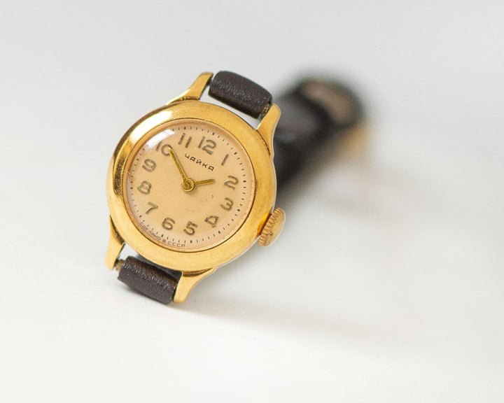 Women's wristwatch super small Seagull minimalist gold plated, vintage lady, watch jewelry gift accessory unique, new premium leather strap