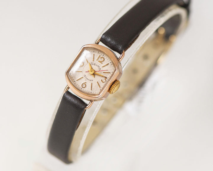 Retro women wristwatch rectangular DREAM vintage, micro watch minimalist gold plated, women watch classic gift, new premium leather strap