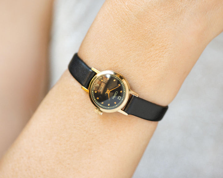 Gold plated women's watch Glory unused with documents, black minimalist wristwatch for women, small watch vintage, new luxury leather strap