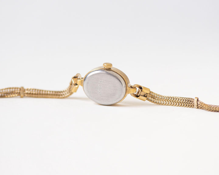 Cocktail wristwatch women oval vintage jewelry, gold plated watch bracelet Seagull beige, tiny chain bracelet rare design gift sustainable