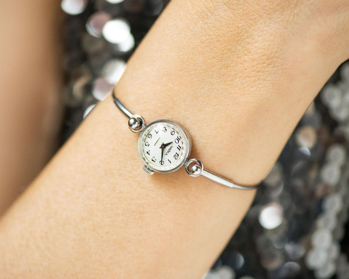 Cocktail watch women mint condition Seagull, tiny bracelet lady watch vintage gift, Arabic numerals dial tiny bracelet silver shad jewelry