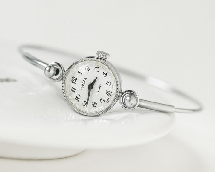 Cocktail watch women mint condition Seagull, tiny bracelet lady watch vintage gift, Arabic numerals dial tiny bracelet silver shad jewelry