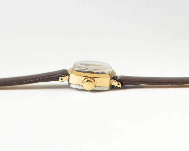 Unique lady wristwatch micro size Dawn gold plated brown dial, women watch classic unused vintage, tiny gift new genuine leather strap