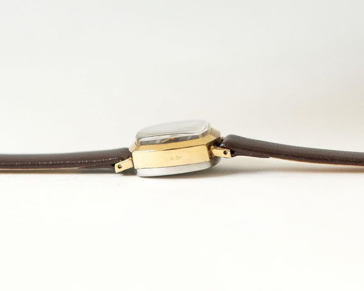 Unique lady wristwatch micro size Dawn gold plated brown dial, women watch classic unused vintage, tiny gift new genuine leather strap