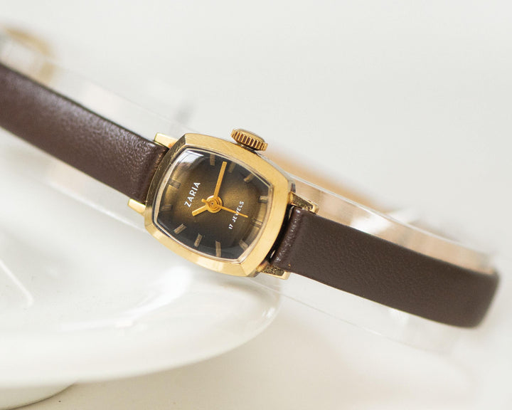 Unique lady wristwatch micro size Dawn gold plated brown dial, women watch classic unused vintage, tiny gift new genuine leather strap