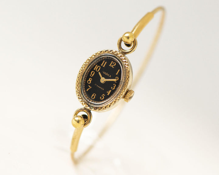 Women cocktail watch gold plated oval Seagull authentic design vintage minimalist lady tiny bracelet watch black dial accessory jewelry gift