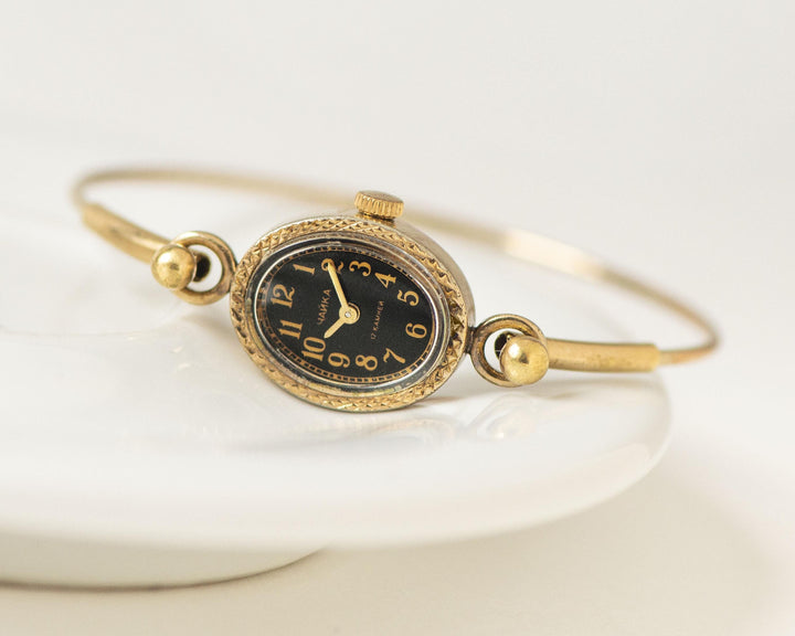 Women cocktail watch gold plated oval Seagull authentic design vintage minimalist lady tiny bracelet watch black dial accessory jewelry gift