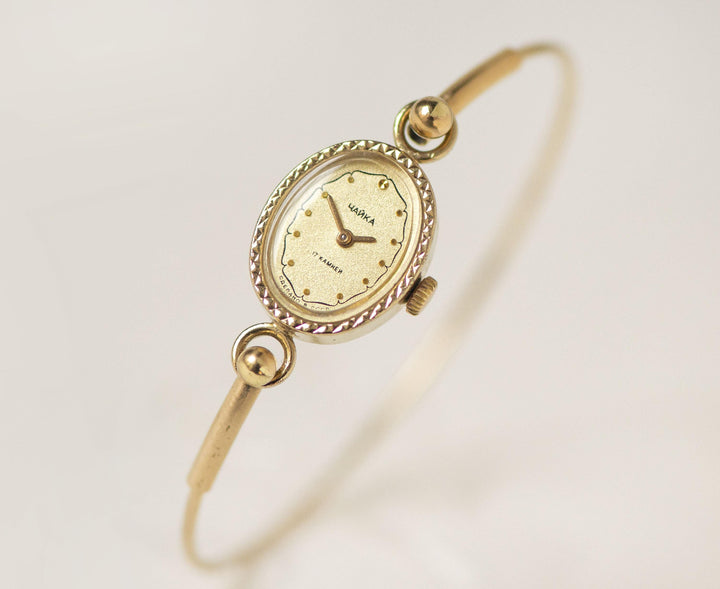 Women's cocktail watch vintage oval Seagull, gold shade lady watch delicate gift, classic lady watch chic jewelry minimalist tiny bracelet