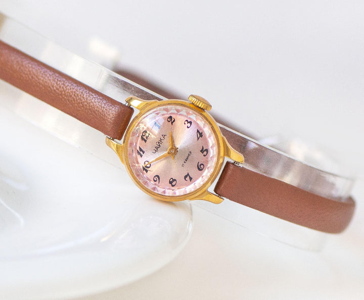 Mint condition women's wristwatch Seagull gold plated, pink watch dial chic watch jewelry gift, micro watch, new premium leather strap