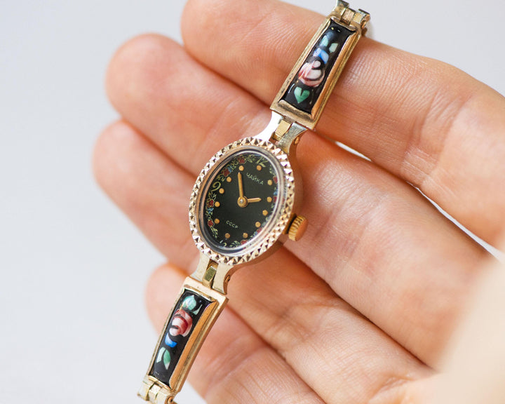 Rare women's wristwatch black floral vintage Seagull, cocktail jewelry watch ceramic bracelet gold shade watch gift, oval watch boho style