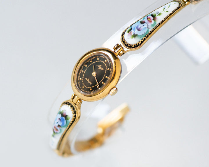 Black Floral Women's Watch Quartz, cocktail wristwatch for women Ray, oval watch gold shade case gift, small roses on bracelet vintage boho