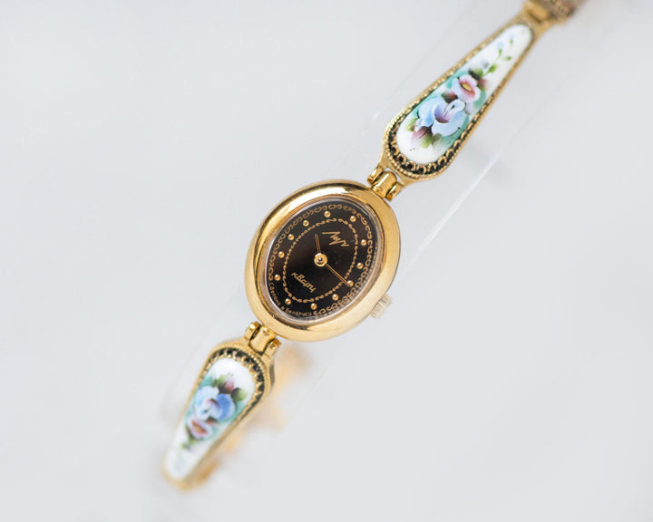 Black Floral Women's Watch Quartz, cocktail wristwatch for women Ray, oval watch gold shade case gift, small roses on bracelet vintage boho