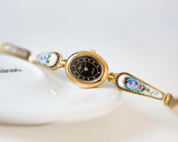 Black Floral Women's Watch Quartz, cocktail wristwatch for women Ray, oval watch gold shade case gift, small roses on bracelet vintage boho