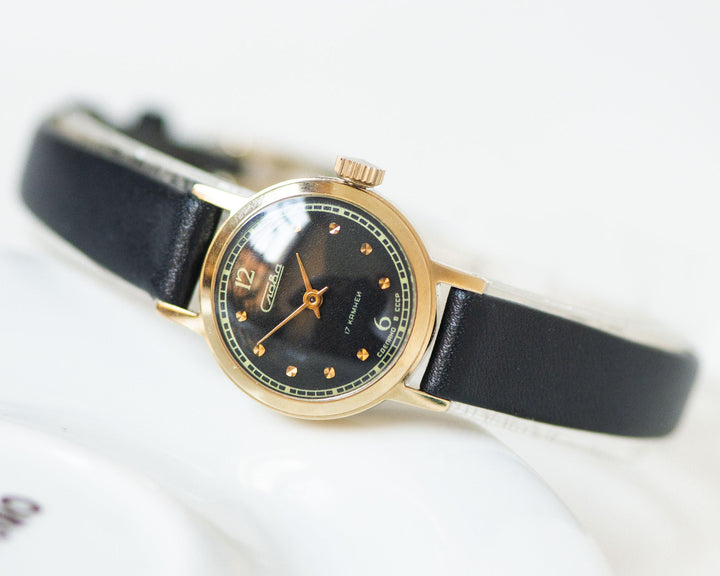 Gold plated women's watch Glory unused with documents, black minimalist wristwatch for women, small watch vintage, new luxury leather strap