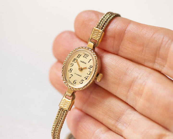 Cocktail wristwatch women oval vintage jewelry, gold plated watch bracelet Seagull beige, tiny chain bracelet rare design gift sustainable