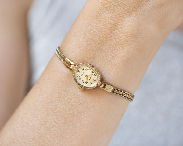 Cocktail wristwatch women oval vintage jewelry, gold plated watch bracelet Seagull beige, tiny chain bracelet rare design gift sustainable