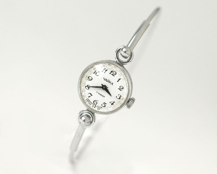 Cocktail watch women mint condition Seagull, tiny bracelet lady watch vintage gift, Arabic numerals dial tiny bracelet silver shad jewelry