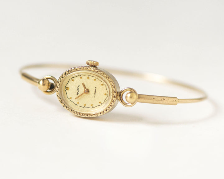 Women's cocktail watch vintage oval Seagull, gold shade lady watch delicate gift, classic lady watch chic jewelry minimalist tiny bracelet