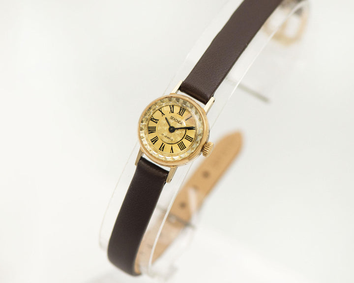 Gold plated watch for women Sekonda small gift, vintage tiny lady watch Roman numerals dial dainty lady accessory, genuine leather strap new