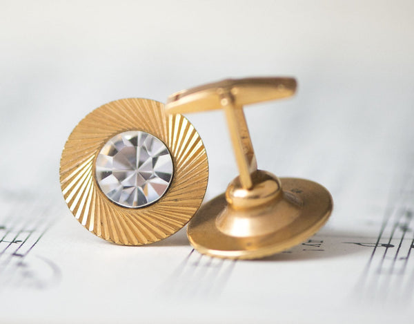 Unisex cufflinks vintage, gold shade silver rhinestones cuff links, round gift for him vintage accessory