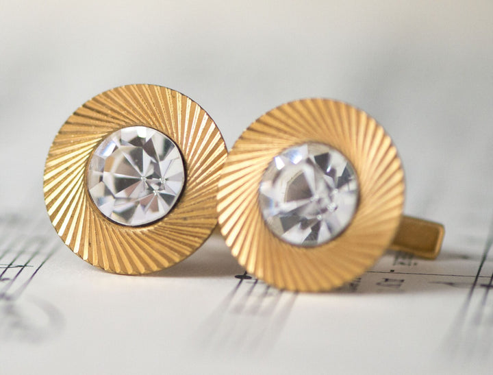 Unisex cufflinks vintage, gold shade silver rhinestones cuff links, round gift for him vintage accessory