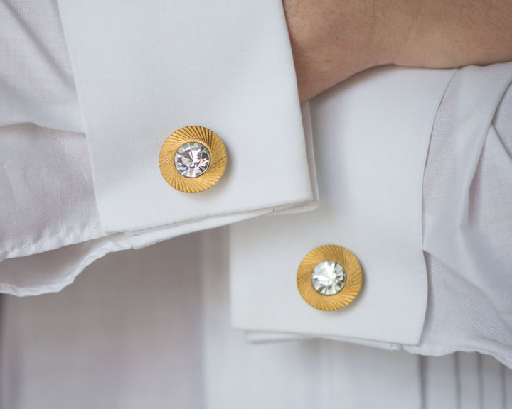 Unisex cufflinks vintage, gold shade silver rhinestones cuff links, round gift for him vintage accessory