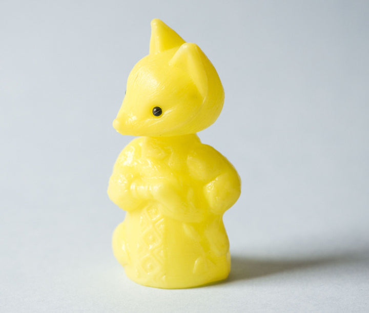 Yellow fox toy, vintage plastic fox, small fox holding bird, toy moving neck, fox Soviet kids toy, Russian folk fox