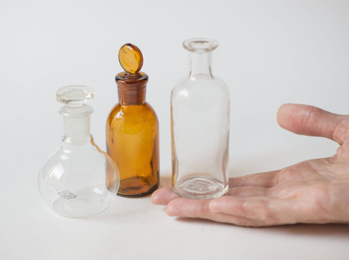 Collectible glass bottles 40s 50s and 70s, pharmaceutical bottles white brown, home decor small vases, laboratory bottles small