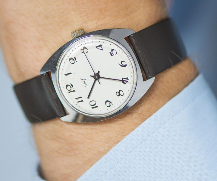 Classic men's wristwatch, black white minimalist watch him, mens watch retro, 60s fashion mens dress watch rare, new premium leather strap