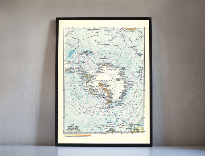 Antarctica digital print, South Pole map mid century style, Geographic South Pole map in German, Südpol Antarktika wall art map interior