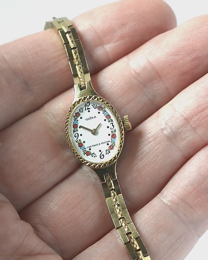 Vintage cocktail watch for women floral oval dial Seagull, small gold shade lady watch, tiny bracelet girl watch party jewelry serviced