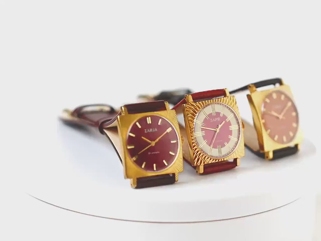 Watch for women burgundy dial square Dawn, vintage gold plated tomboy watch gift, sunburst case oversized lady watch new luxury leather band