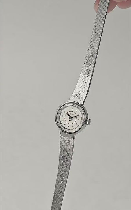 Vintage women cocktail wristwatch silver shade chic jewelry, minimalist dial lady watch Seagull, delicate lady accessory sleek bracelet