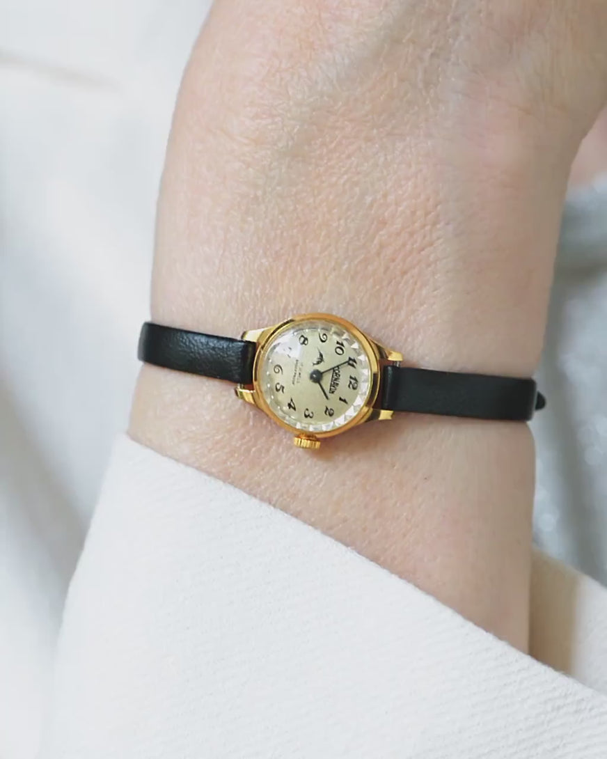 Vintage Women Watch Small Gold plated CORNAVIN gift, lady wristwatch shockproof, minimalist watch rare design, New premium leather strap