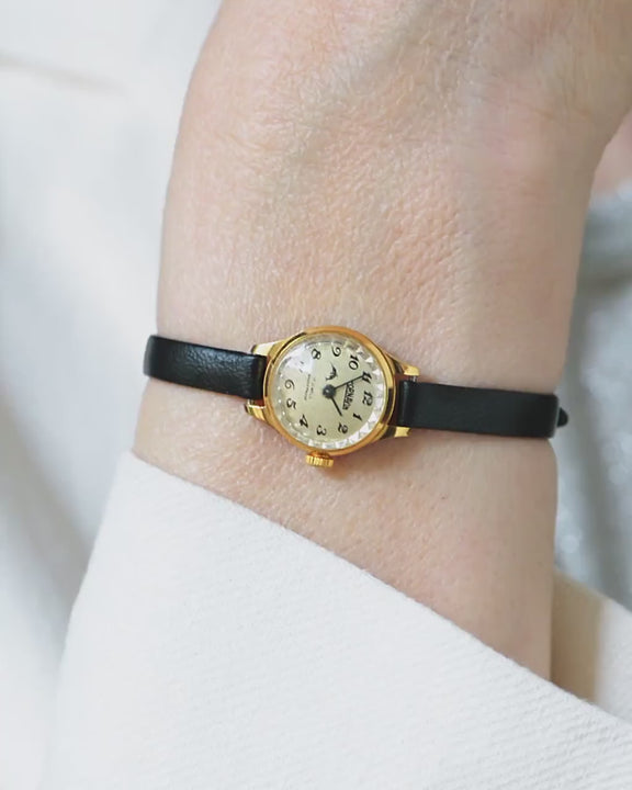 Vintage Women Watch Small Gold plated CORNAVIN gift, lady wristwatch shockproof, minimalist watch rare design, New premium leather strap