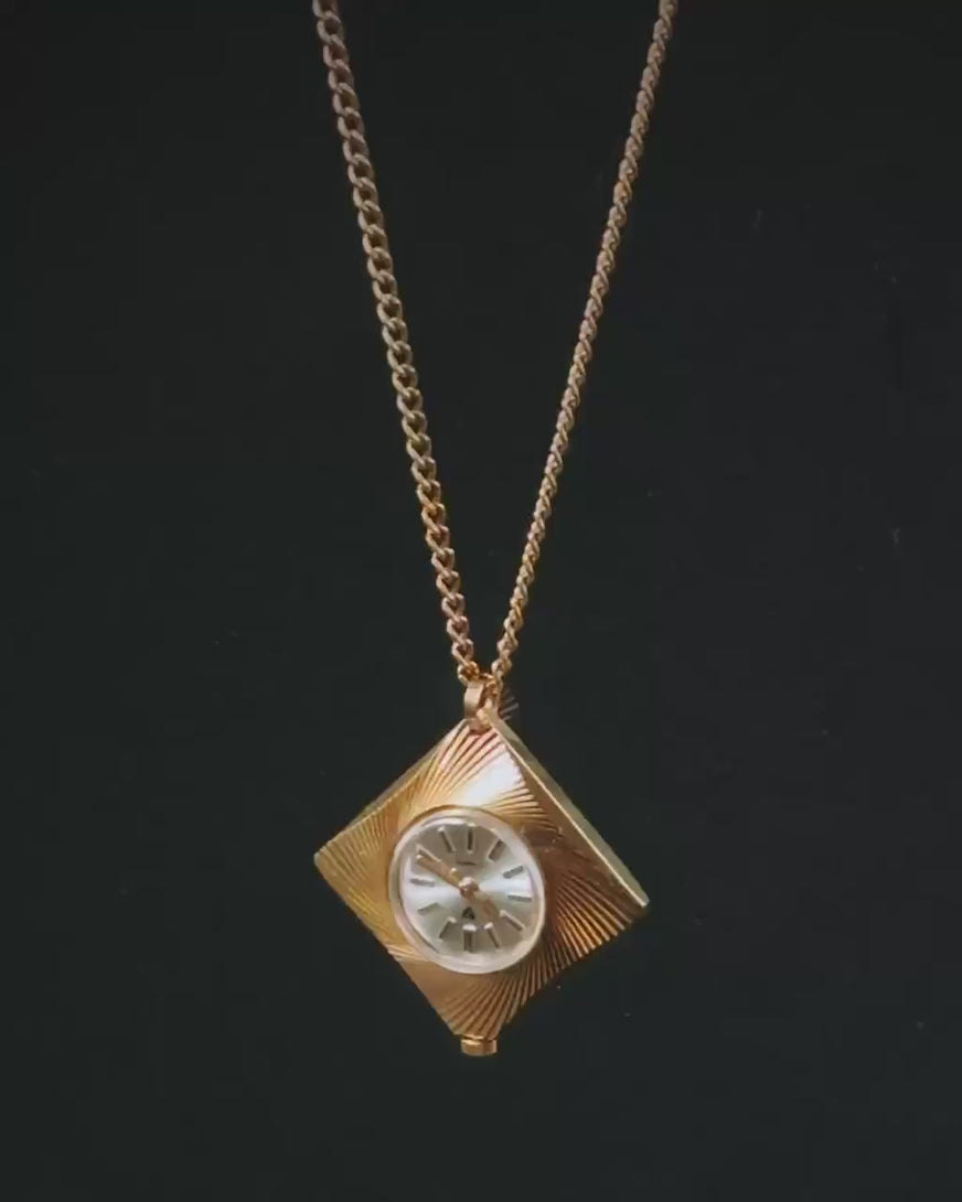 Rhombus watch necklace for women vintage, gold plated pendant Seagull, sunburst case watch limited edition, geometric watch necklace jewelry