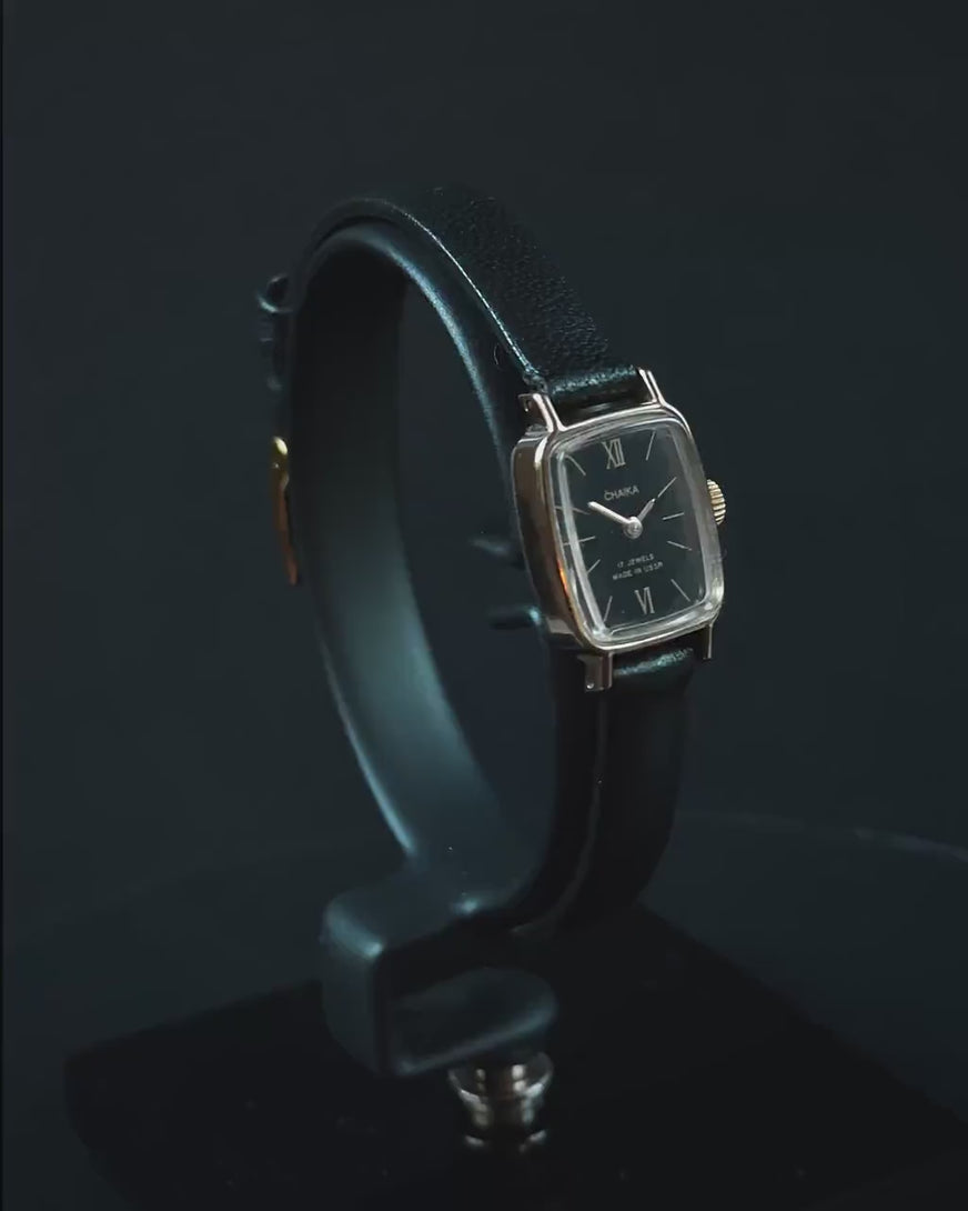 Black tiny watch for women Seagull authentic vintage gift, gold plated rectangular lady watch jewelry Roman numerals dial leather strap new