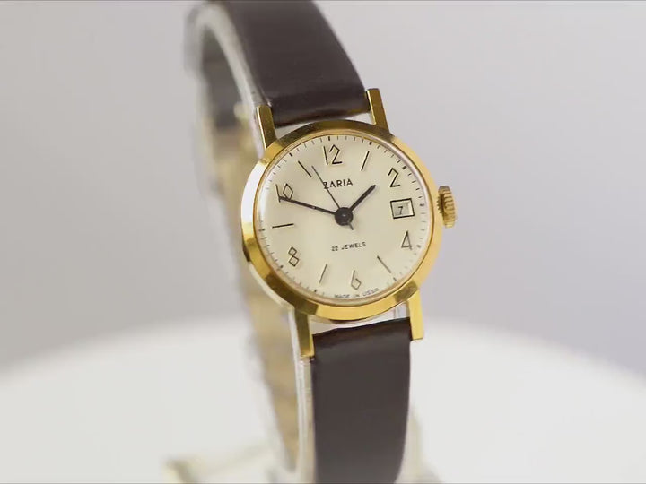 New old stock women watch Dawn with date window, vintage gold plated watch elegant gift, classic lady wristwatch, new luxury leather strap