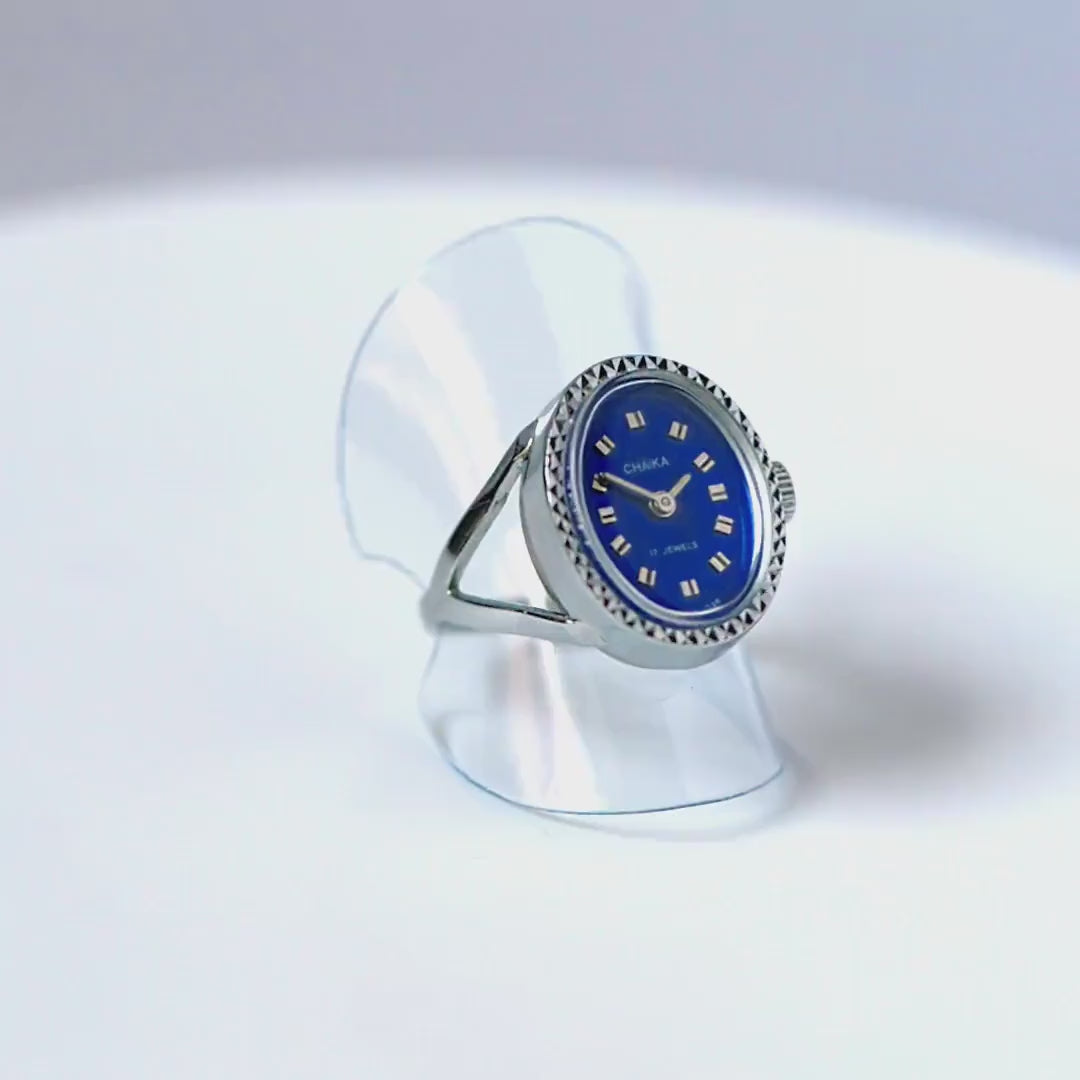 Blue women's watch ring Seagull, silver shade lady ring watch jewelry, cocktail accessory oval ring watch graduation gift ring size 7 3/4 US