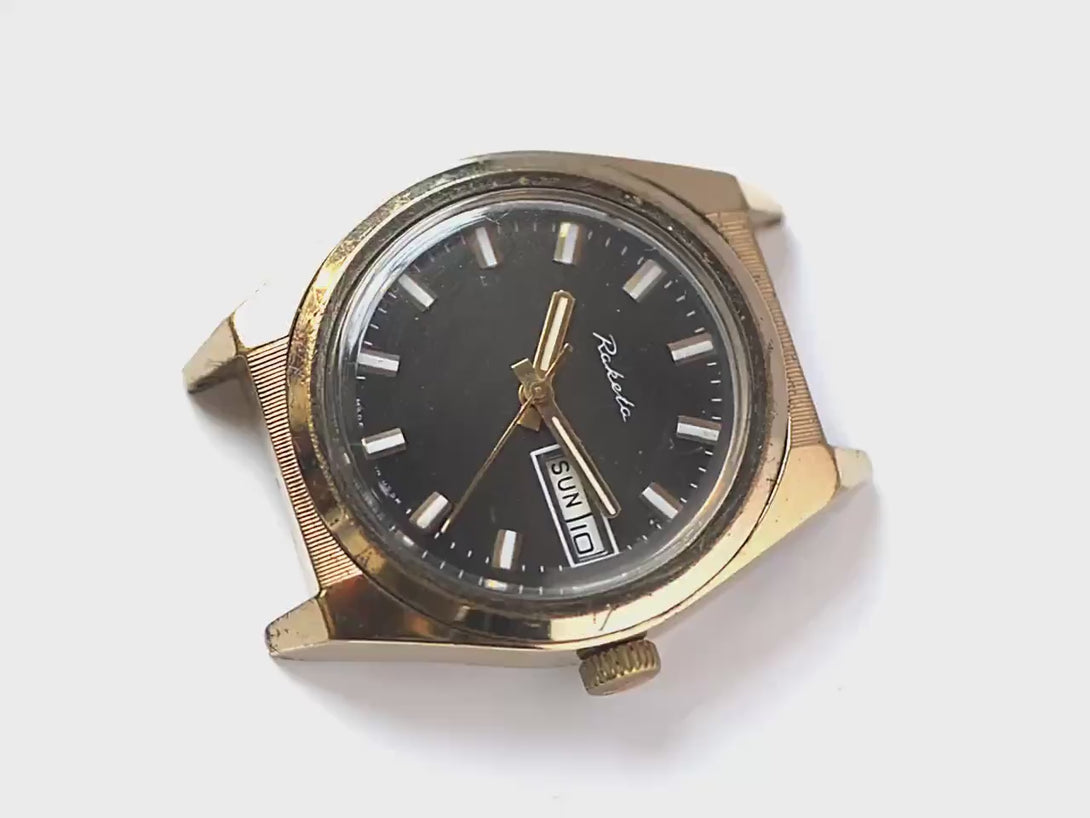 Modern men's watch Rocket, gold plated watch chunky, black shade face watch, date panel, dudes gift watch, new premium leather strap