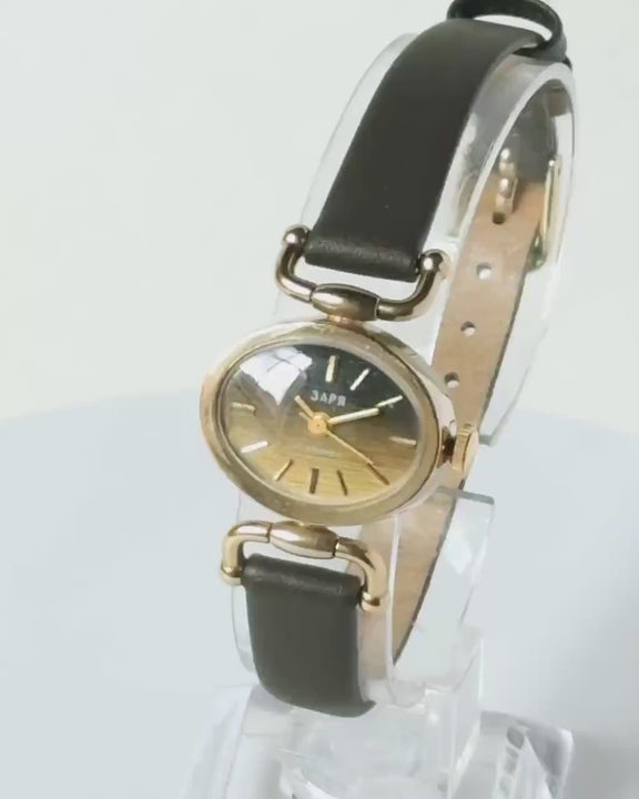 Oval women watch unused vintage Dawn, brown dial lady wristwatch gold plated, new old stock women watch jewelry, new premium leather strap