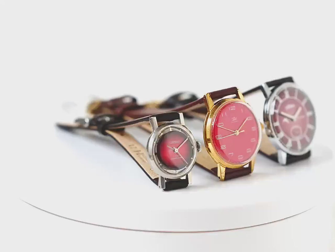 Oversized women watch red Dawn, gold plated case tomboy wristwatch rare gift, minimalist lady watch vintage unique, new luxury leather strap