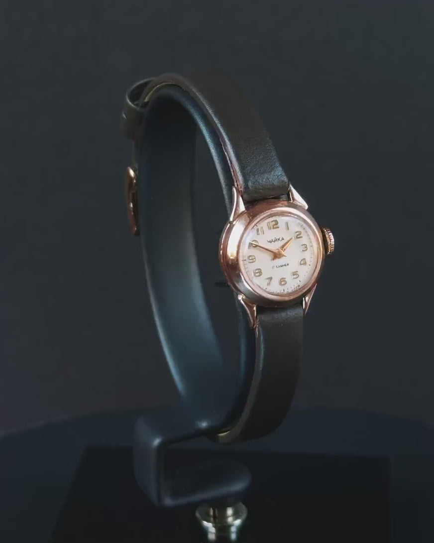 Solid rose gold 14K vintage watch for women Seagull jewelry gift, Arabic numerals lady watch small round, dainty accessory leather strap new