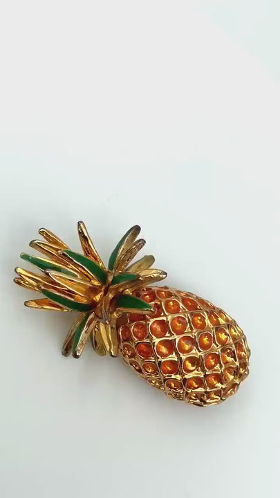 Vintage Pineapple Brooch: Gold Tone Enamel Lapel Pin