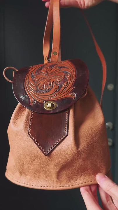 Tooled Leather Backpack for Women: Small Brown Boho Bag, Handmade in Mexico