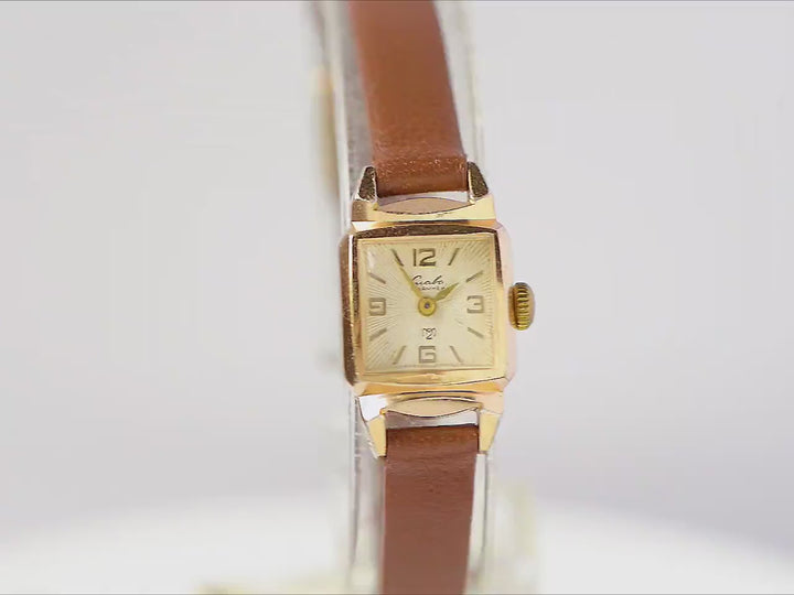 Women watch Glory square retro, vintage ladies wristwatch gold shade, art deco style rare jewelry sunburst dial, new premium leather strap