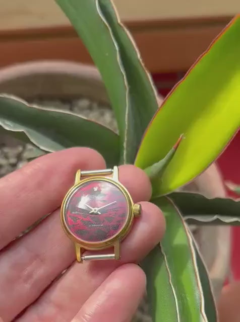 Limited edition women watch burgundy wild cat pattern dial, vintage lady watch Glory gold plated jewelry gift lady, new genuine leather band