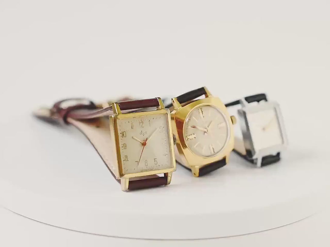 Square gold plated wristwatch for women Ray, retro women wrist watch classic, vintage tomboy watch shockproof, new premium leather strap