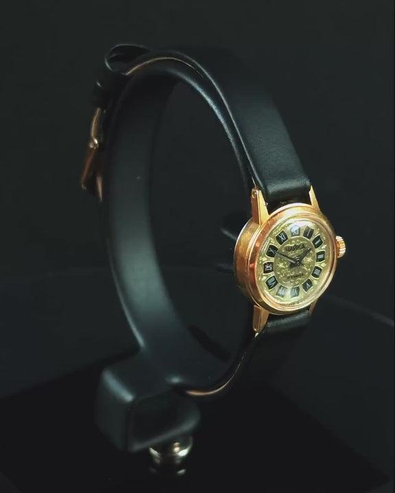 Gold plated watch for women Seagull dainty Roman numerals dial vintage tiny gift, new genuine leather strap